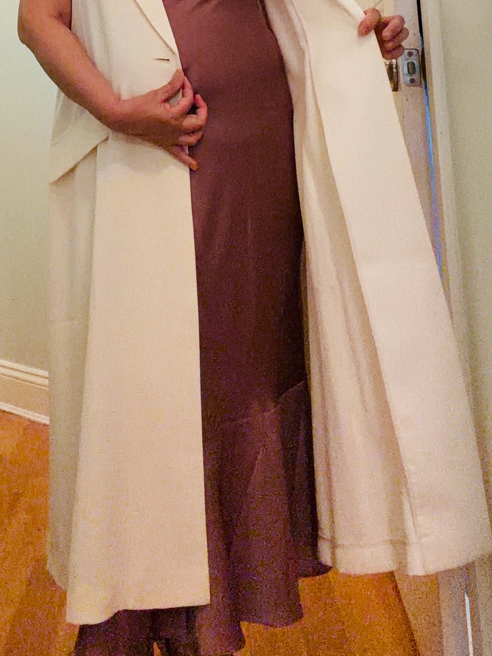 Sleeveless Champagne Brown Maxi Slip Dress with Cream Trench Vest